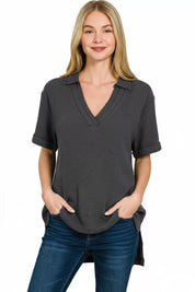 ZENANA Double Gauze Short Sleeve High-Low Top on Simply Obsessed