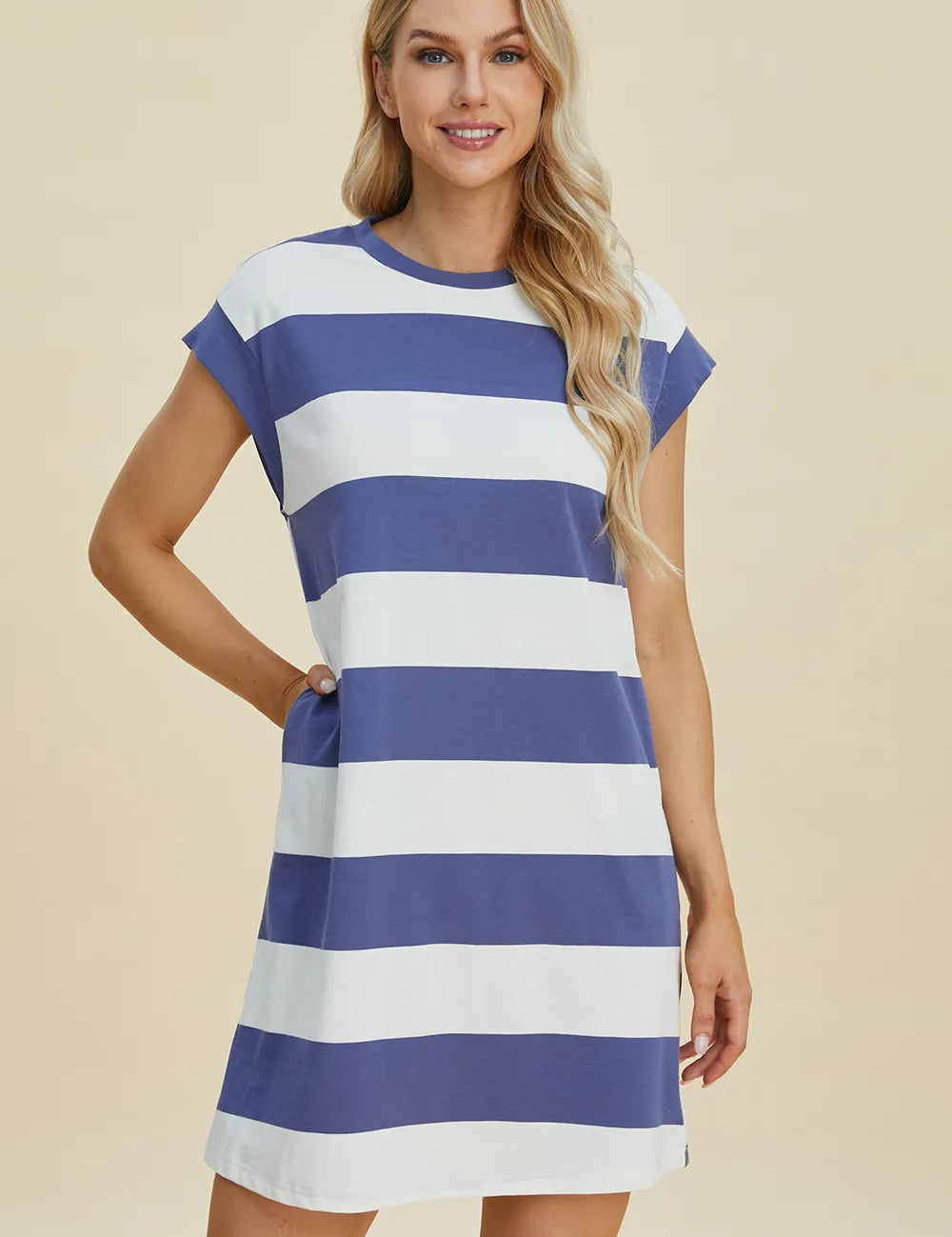 BASIC BAE Full Size Striped Round Neck Cap Sleeve Mini Dress on Simply Obsessed