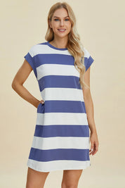 BASIC BAE Full Size Striped Round Neck Cap Sleeve Mini Dress on Simply Obsessed