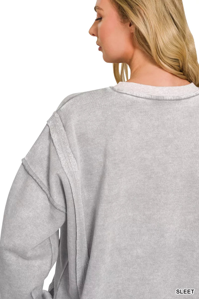 ZENANA Fleece Acid Washed Contrast Trim Pullover **FALL DEBUT SALE** on Simply Obsessed