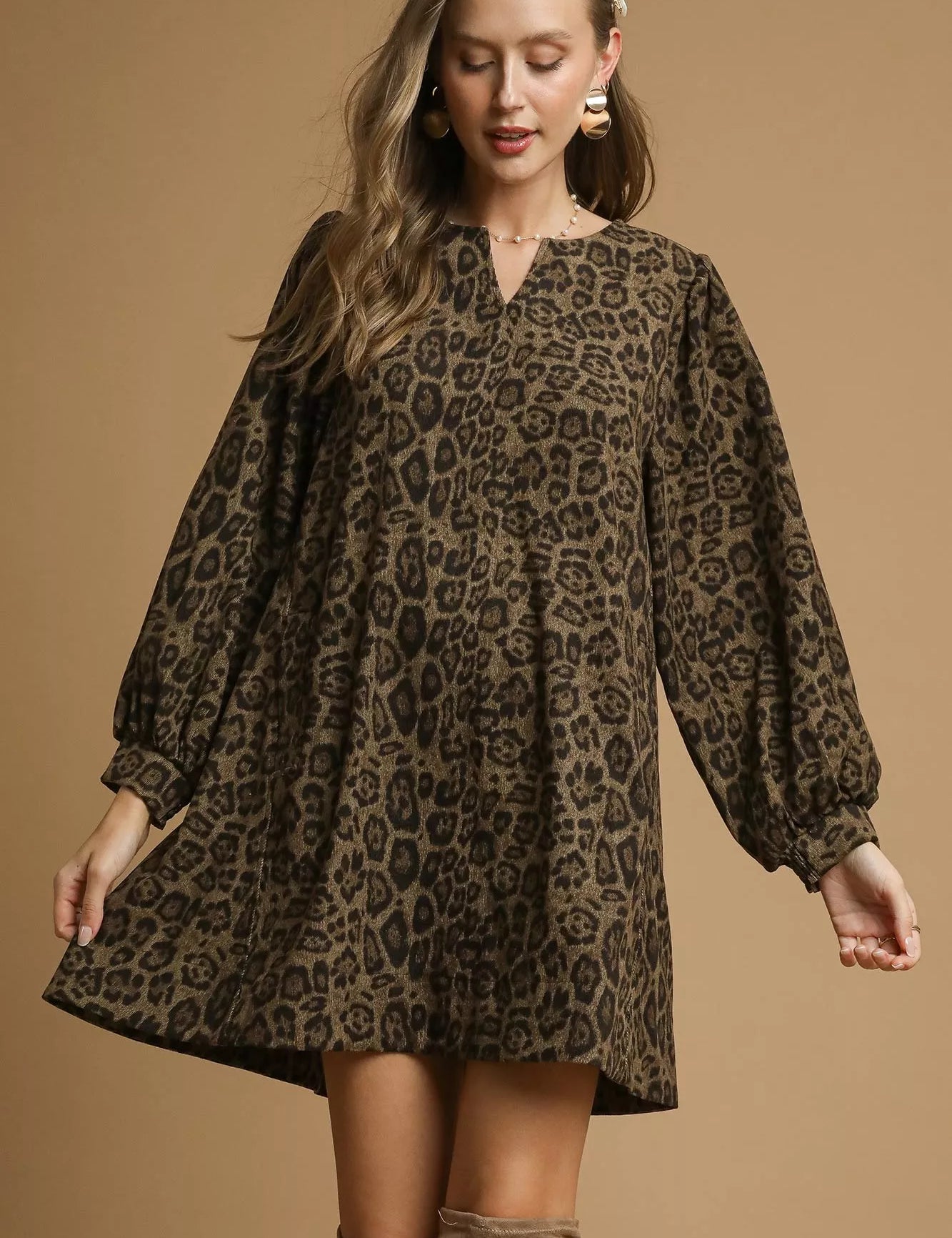 Umgee Leopard Print Long Sleeve Swing Dress on Simply Obsessed