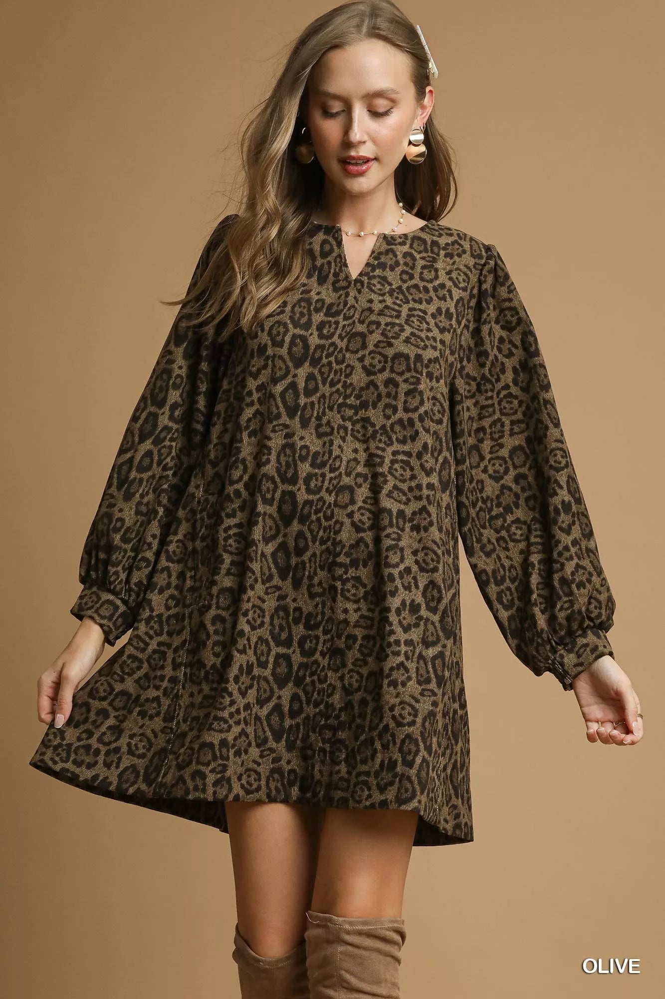 Umgee Leopard Print Long Sleeve Swing Dress on Simply Obsessed