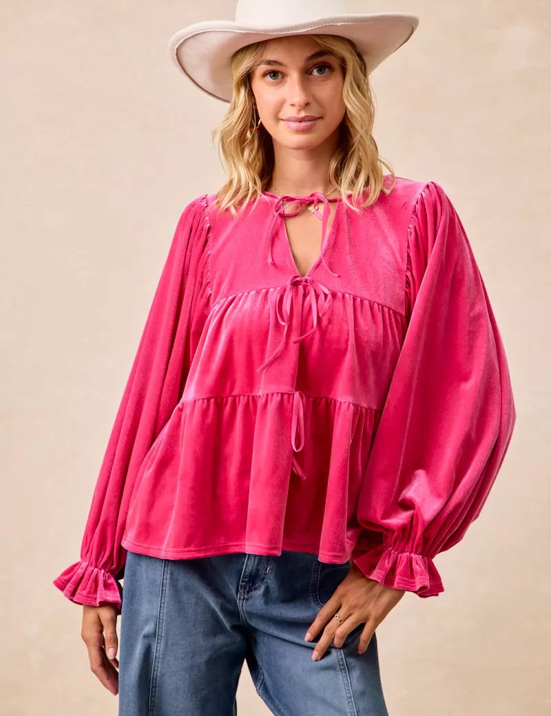 BiBi Christmas Theme Velvet Bow Tied Blouse on Simply Obsessed