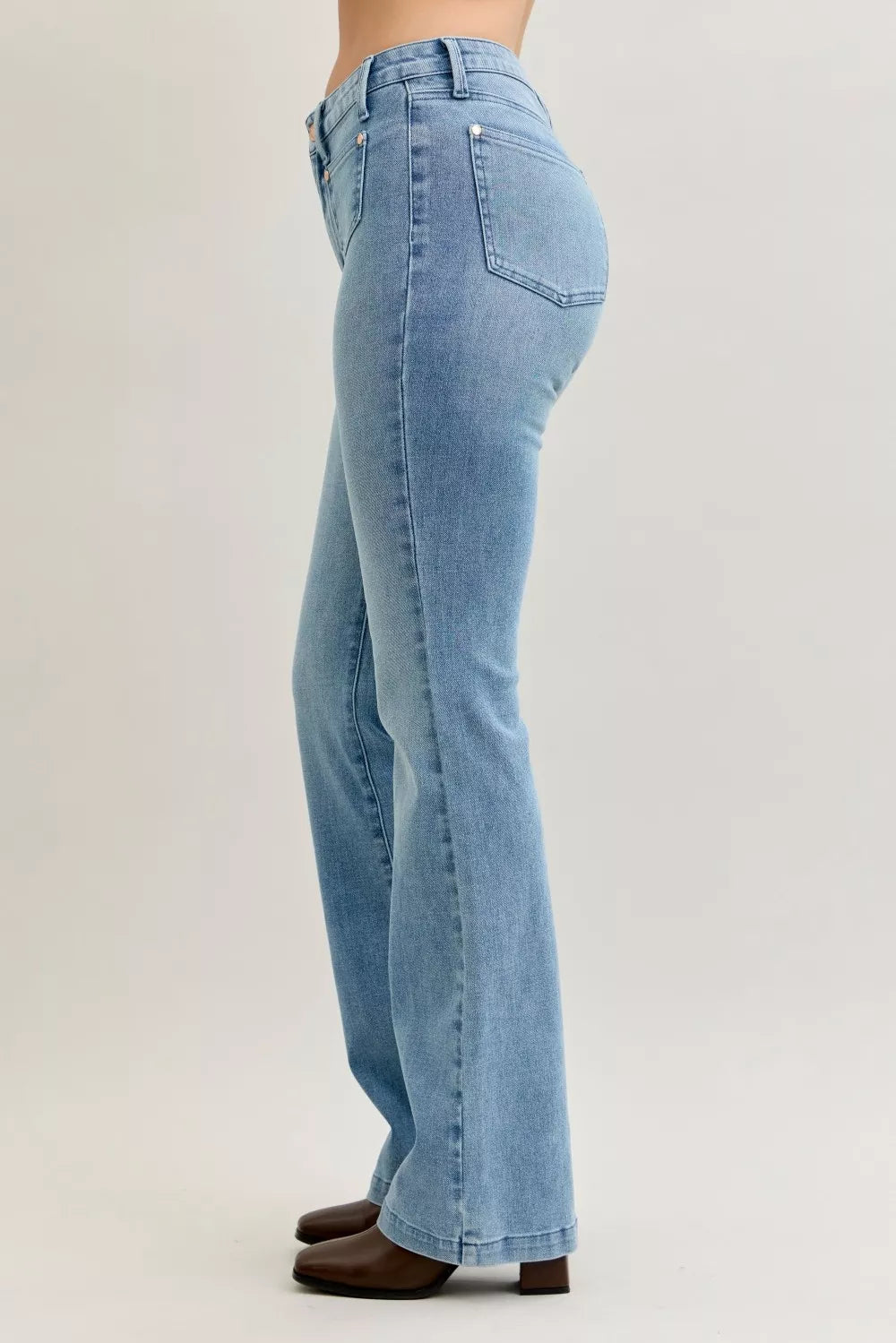 Judy Blue Full Size Mid Rise Bootcut Jeans with Contrast Wash & Front Patch Pockets Plus Size on Simply Obsessed