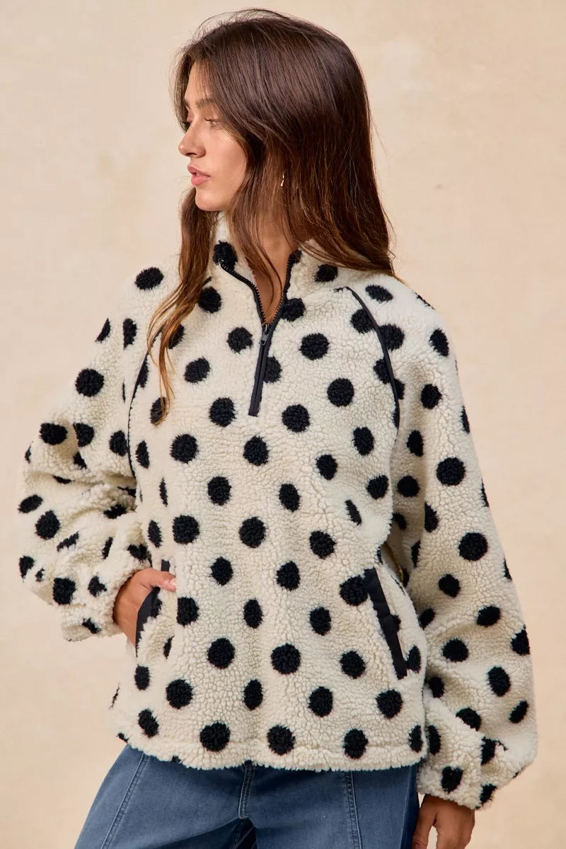 BIBI Polka Dot Sherpa Half Zip Up Top with Side Pocket on Simply Obsessed