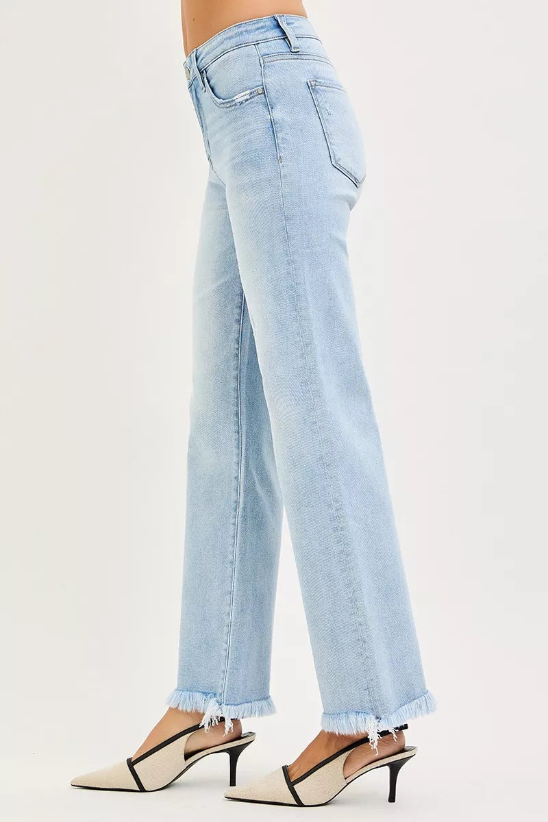 RISEN Tummy Control Mid Rise Ankle Straight Fray Hem Jeans on Simply Obsessed
