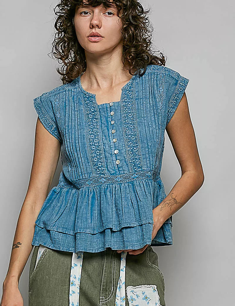 POL Eyelet Embroidery Pintuck Sleeveless Cotton Blouse on Simply Obsessed