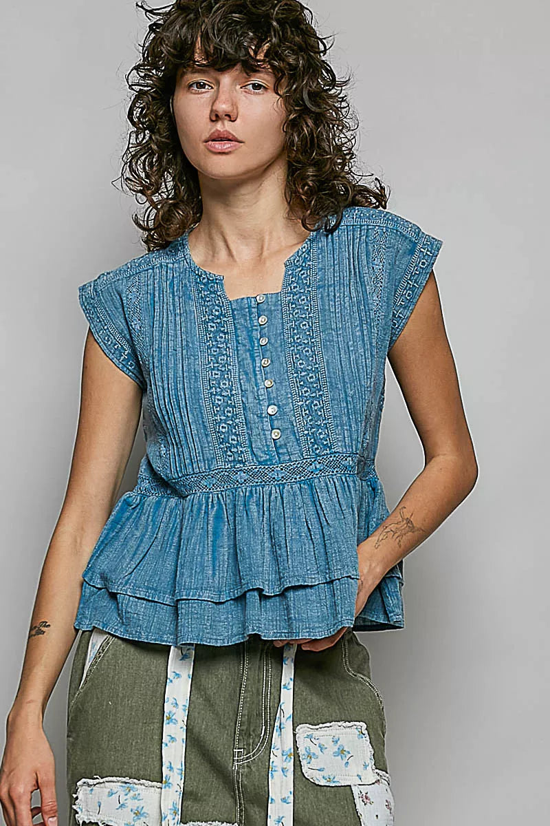 POL Eyelet Embroidery Pintuck Sleeveless Cotton Blouse on Simply Obsessed