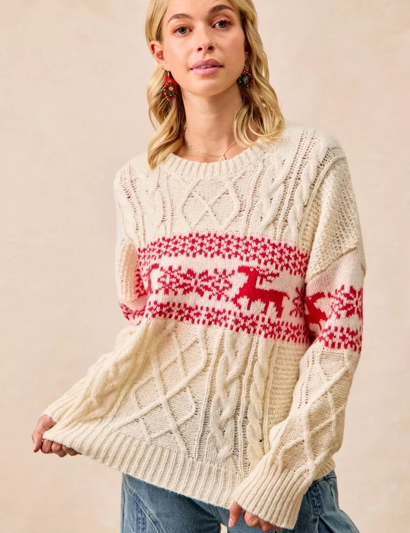 BIBI Christmas Theme Patterned Cable Knit Sweater on Simply Obsessed