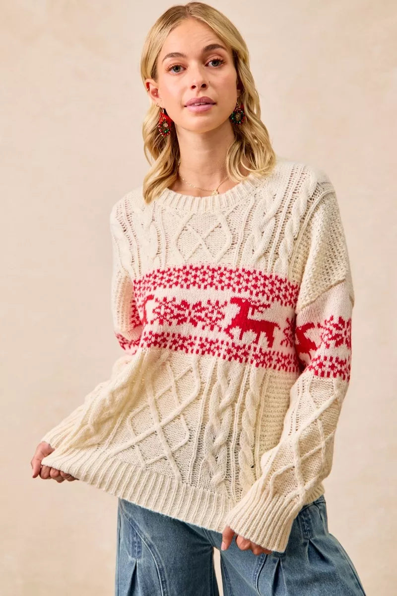 BIBI Christmas Theme Patterned Cable Knit Sweater on Simply Obsessed