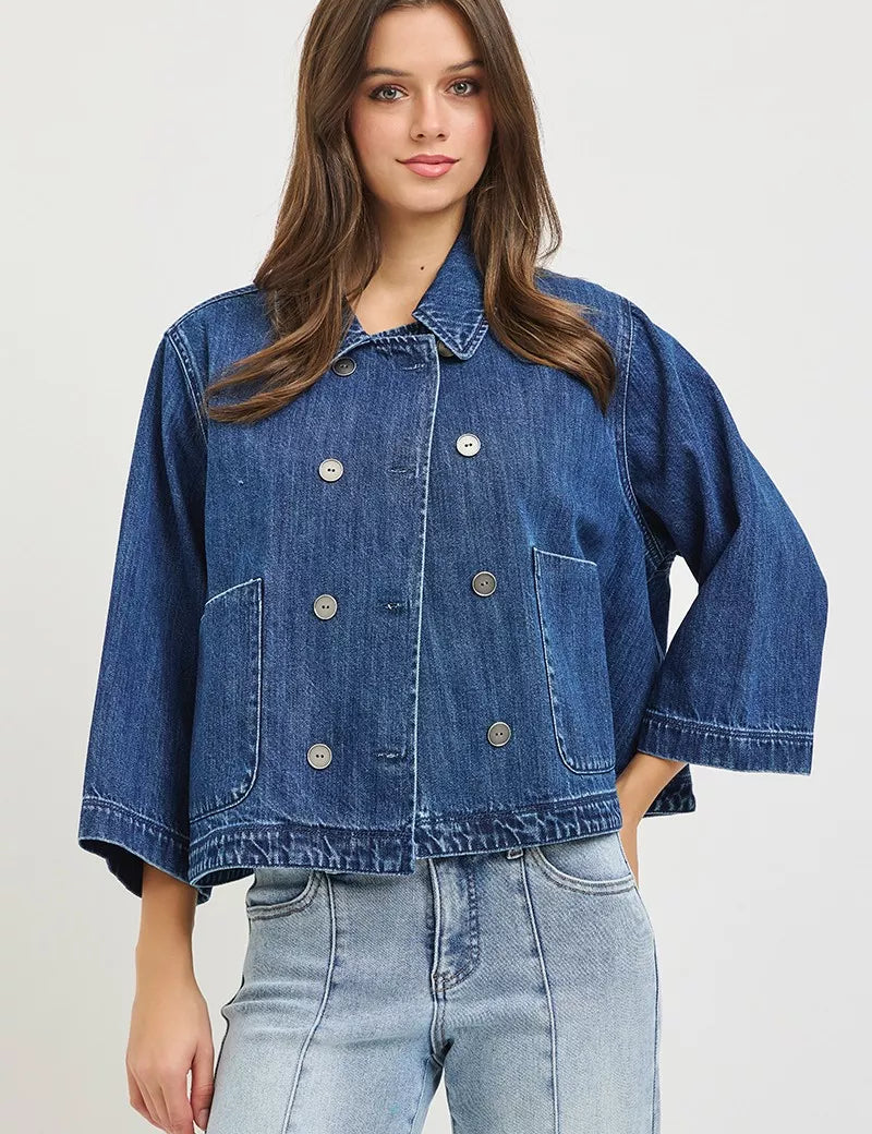 RISEN Double-Breasted Flowy Cropped Denim Jacket on Simply Obsessed