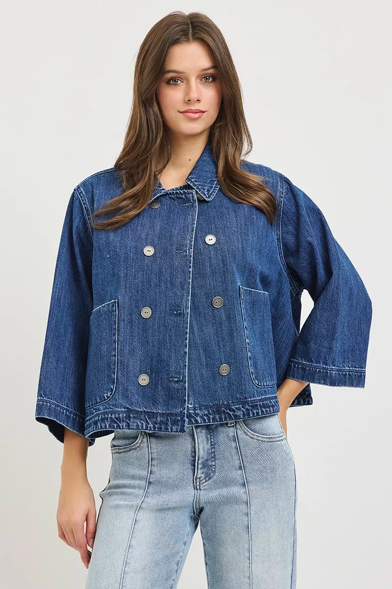 RISEN Double-Breasted Flowy Cropped Denim Jacket on Simply Obsessed
