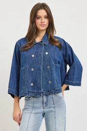 RISEN Double-Breasted Flowy Cropped Denim Jacket on Simply Obsessed