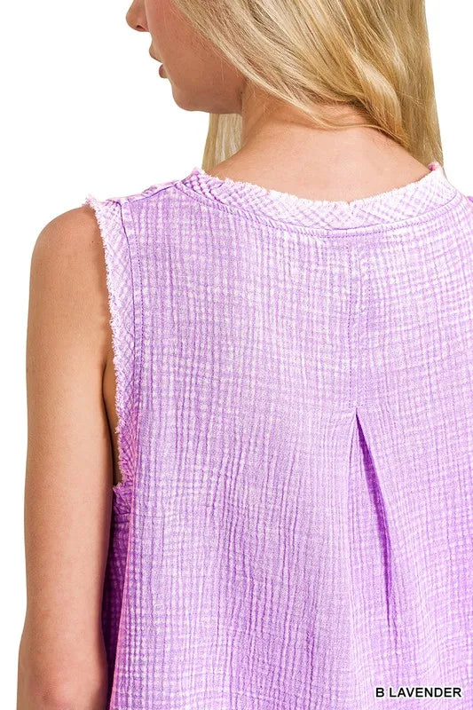 ZENANA Double Gauze Raw Edge Acid Washed Tank on Simply Obsessed