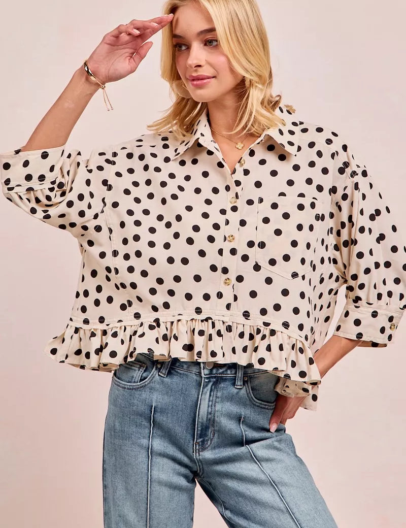 BIBI Polka Dot Printed Peplum Top with Front Button on Simply Obsessed