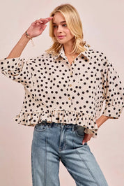 BIBI Polka Dot Printed Peplum Top with Front Button on Simply Obsessed