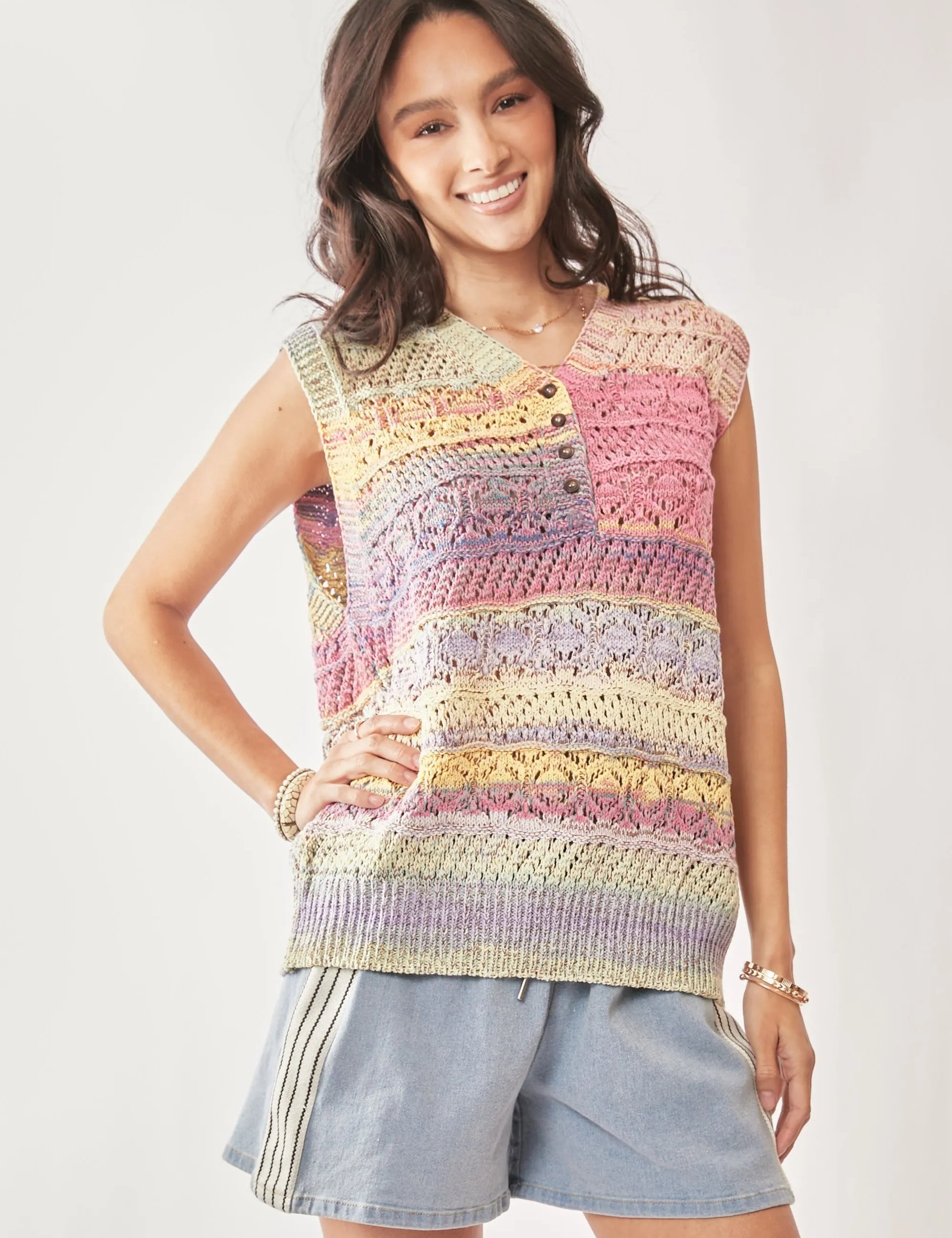 DAVI & DANI Multi Color Crochet Sleeveless Knit Vest Top on Simply Obsessed