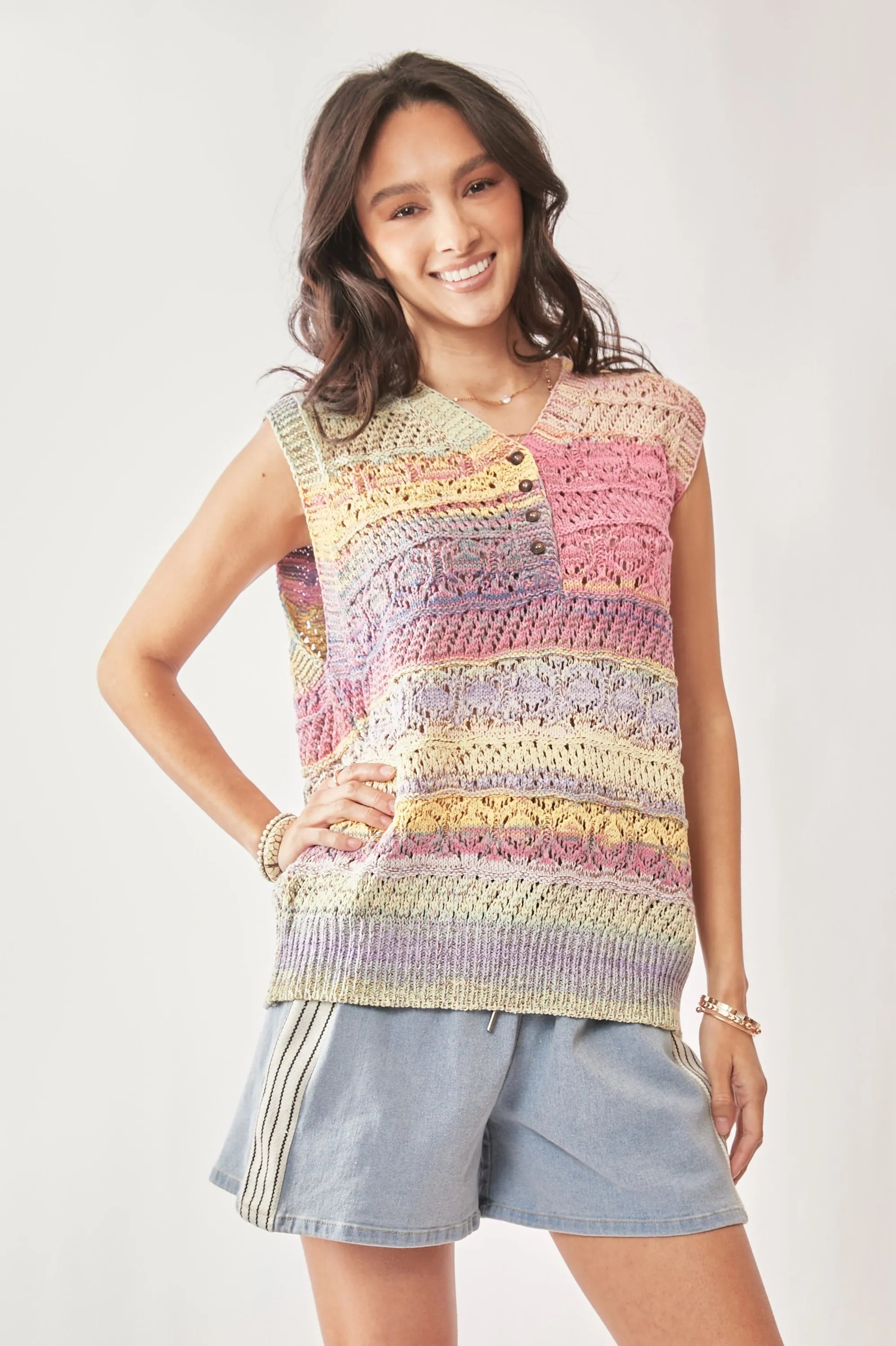 DAVI & DANI Multi Color Crochet Sleeveless Knit Vest Top on Simply Obsessed