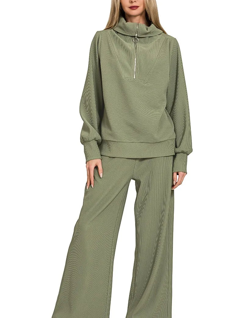 Zenana Ribbed High Neck Half Zip Pullover & Pants Set on Simply Obsessed