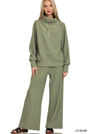 Zenana Ribbed High Neck Half Zip Pullover & Pants Set on Simply Obsessed