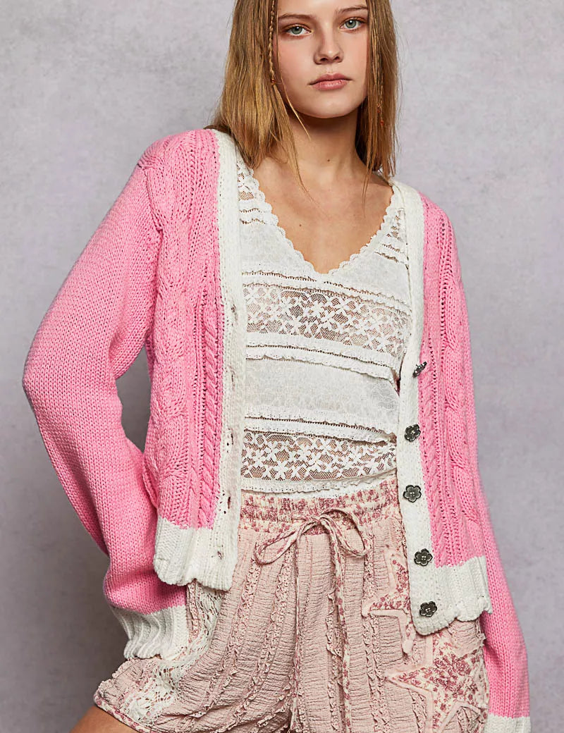 POL Button Down Cable-Knit Cardigan with Contrast Border Accents on Simply Obsessed