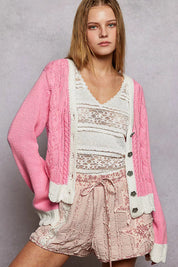 POL Button Down Cable-Knit Cardigan with Contrast Border Accents on Simply Obsessed