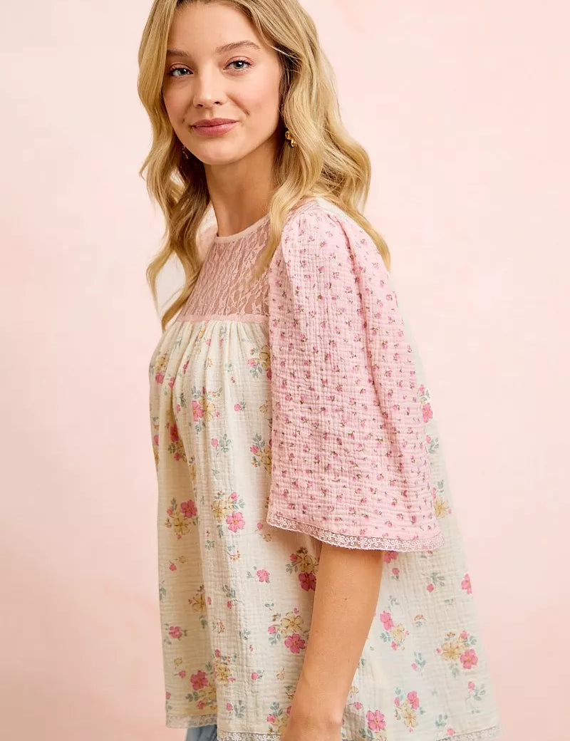BIBI Crinkle Floral Gauze Mix And Matched Blouse Top on Simply Obsessed