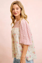 BIBI Crinkle Floral Gauze Mix And Matched Blouse Top on Simply Obsessed
