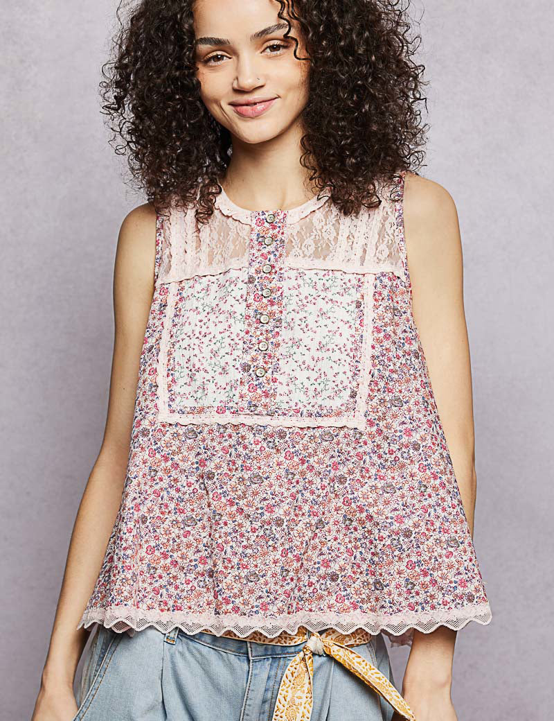 POL Printed Woven Lace Back Round Neck Sleeveless Top **SALE** on Simply Obsessed