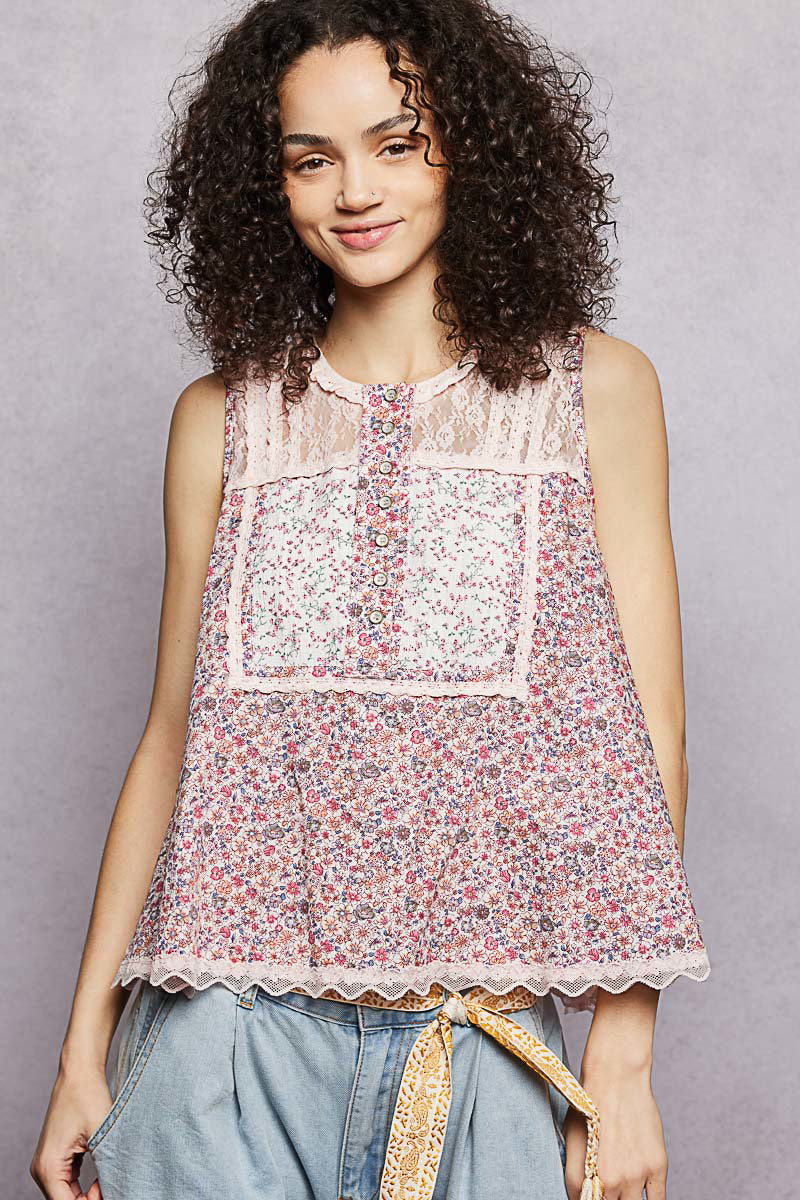 POL Printed Woven Lace Back Round Neck Sleeveless Top **SALE** on Simply Obsessed