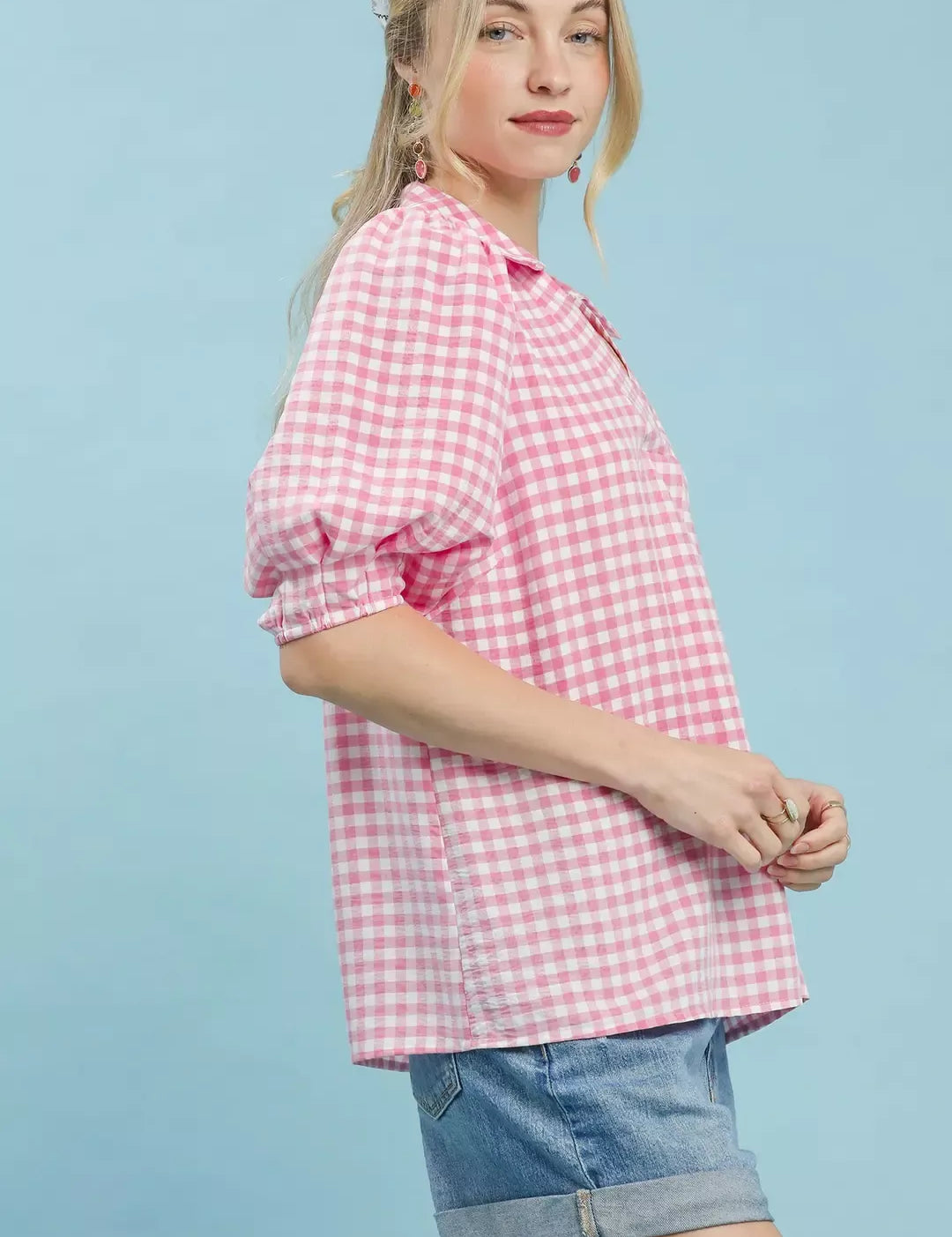 UMGEE Gingham Puff Sleeve Collared Blouse on Simply Obsessed