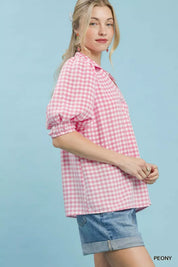 UMGEE Gingham Puff Sleeve Collared Blouse on Simply Obsessed