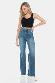JUDY BLUE Full Size Tummy Control Cut Raw Hem Straight Jeans on Simply Obsessed
