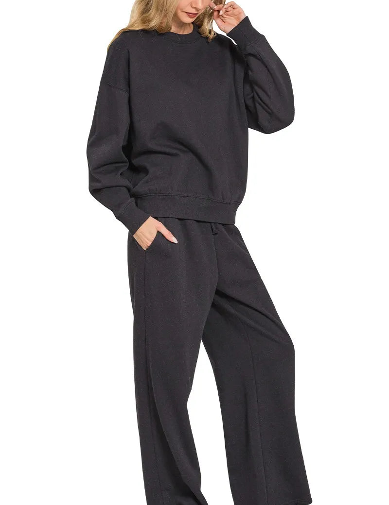ZENANA Fleece Long Sleeve Top and Sweatpants Set on Simply Obsessed