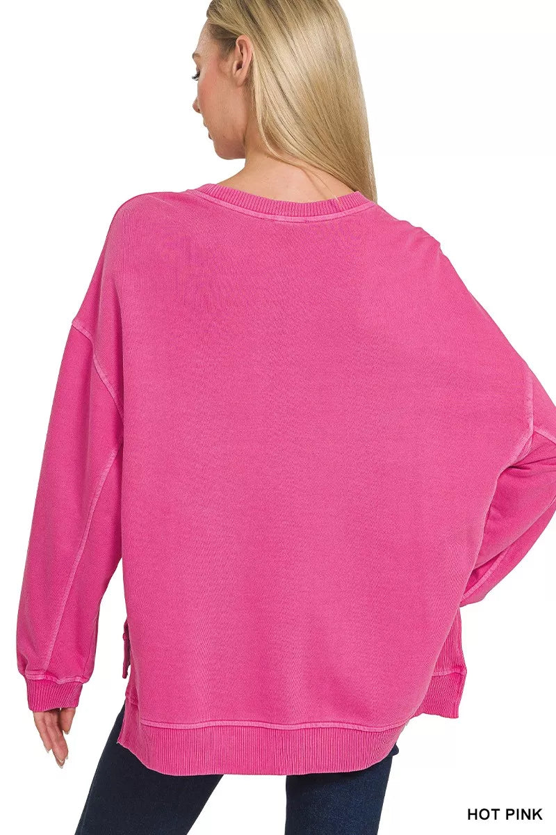 Zenana Full Size French Terry Pigment Dye & Enzyme Washing Pullover Plus Size on Simply Obsessed