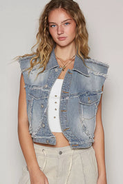 POL Assymetrical Front Closure Raw Hem Denim Vest on Simply Obsessed