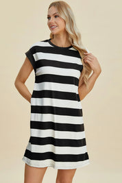 BASIC BAE Full Size Striped Round Neck Cap Sleeve Mini Dress on Simply Obsessed