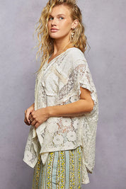 POL Asymmetrical V-Neck Short Sleeve Lace Top on Simply Obsessed