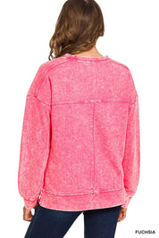 ZENANA Acid Wash French Terry Exposed-Seam Pullover on Simply Obsessed
