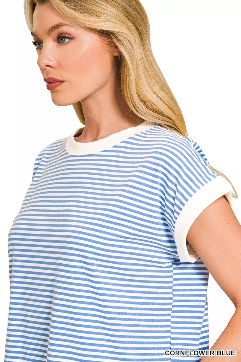 ZENANA Striped Round Neck Short Sleeve Contrast Trim T-Shirt on Simply Obsessed
