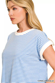 ZENANA Striped Round Neck Short Sleeve Contrast Trim T-Shirt on Simply Obsessed