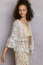 POL Floral Lace Short Sleeve Crochet Cardigan with Tassel Tie on Simply Obsessed