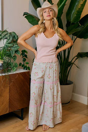BIBI Rose Printed Gauze Trim Detail Smocked Maxi Pants on Simply Obsessed