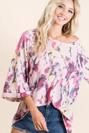 BIBI Tie Dye Print Terry A Line Top with Bell Sleeves on Simply Obsessed