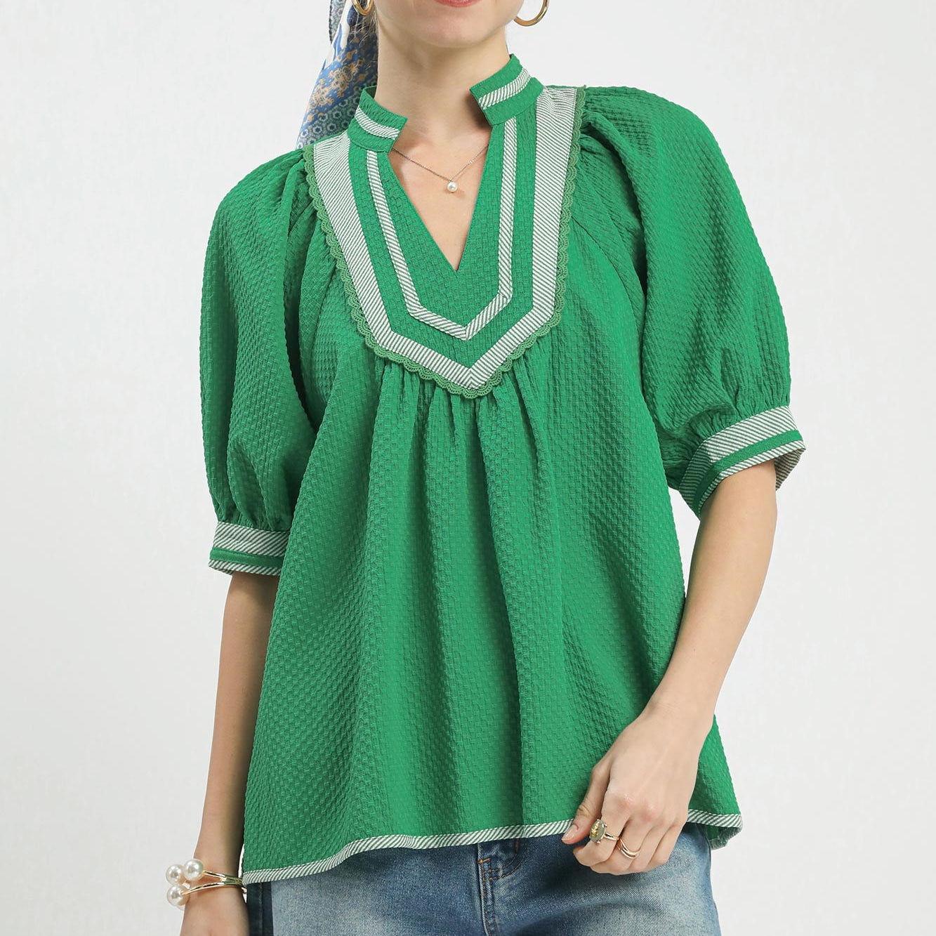 UMGEE Textured Jacquard Contrast Trim Top on Simply Obsessed