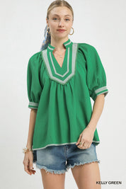 UMGEE Textured Jacquard Contrast Trim Top on Simply Obsessed