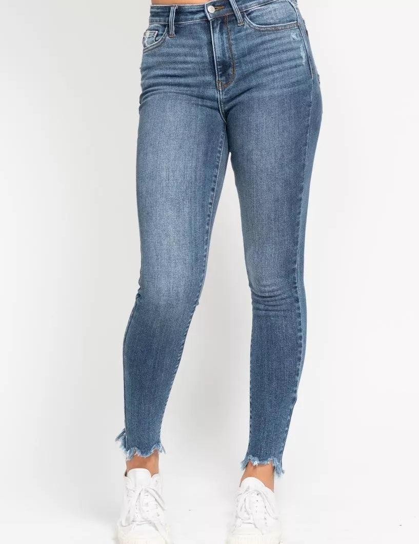 JUDY BLUE High Waist Skinny Jeans with Destroy & Shark Bit Hem on Simply Obsessed