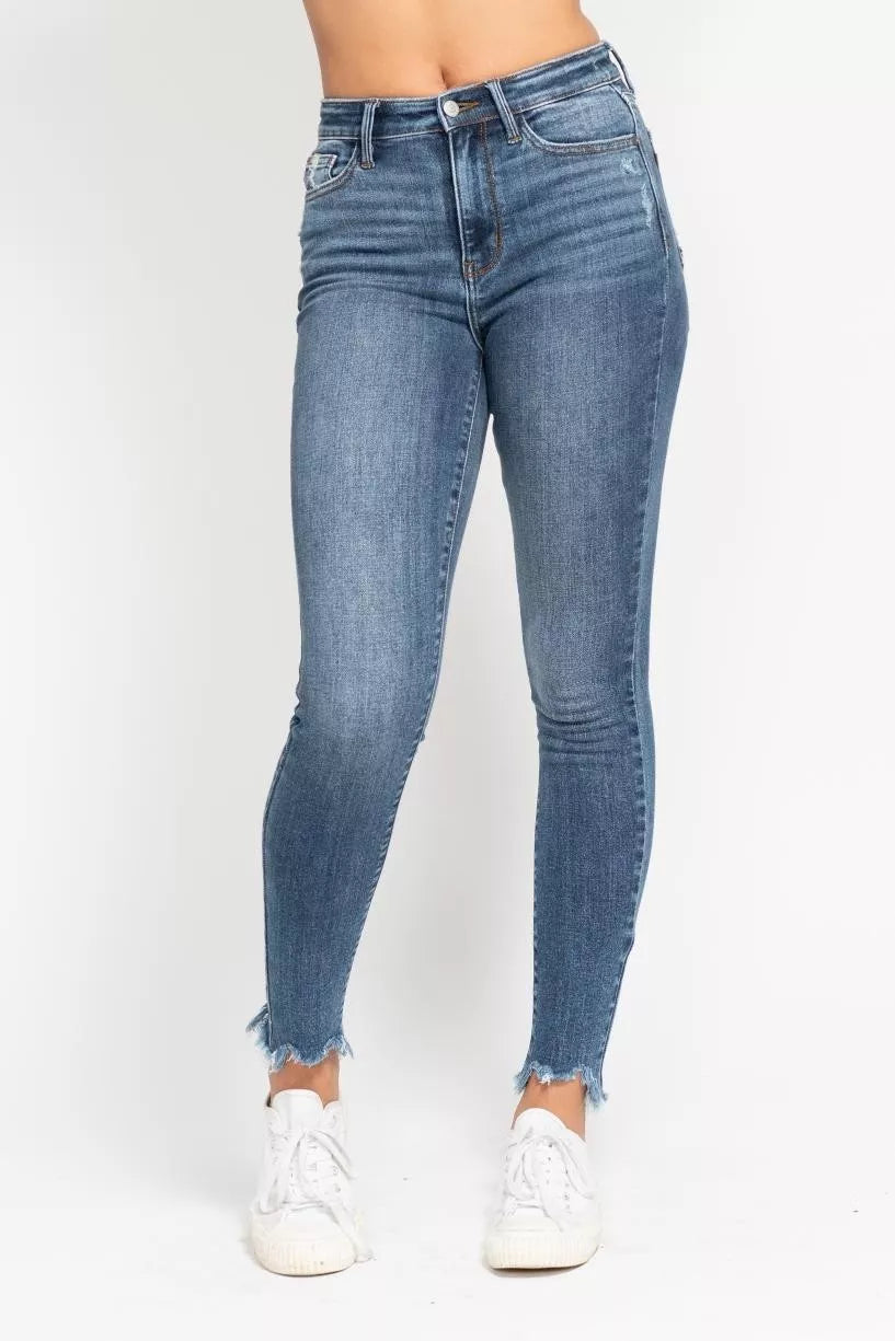 JUDY BLUE High Waist Skinny Jeans with Destroy & Shark Bit Hem on Simply Obsessed