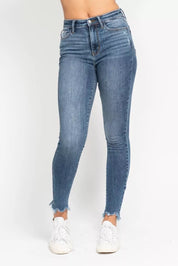 JUDY BLUE High Waist Skinny Jeans with Destroy & Shark Bit Hem on Simply Obsessed