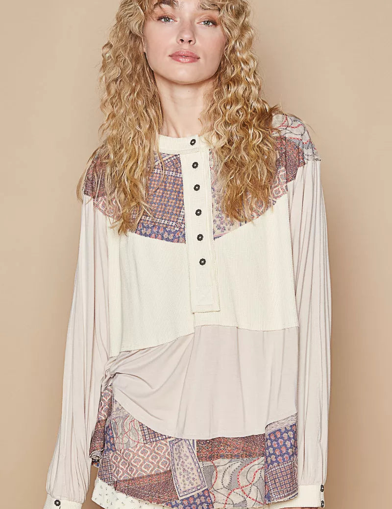 POL Half Button Balloon Sleeve Top with Printed Knit Contrast on Simply Obsessed